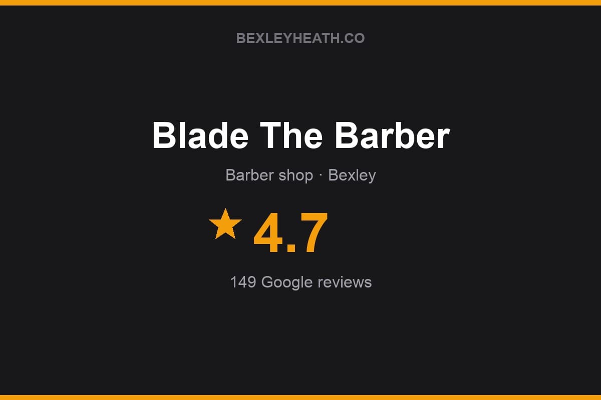 Branded Bexleyheath.co rating card for Blade The Barber: 4.7 stars, 149 Google reviews