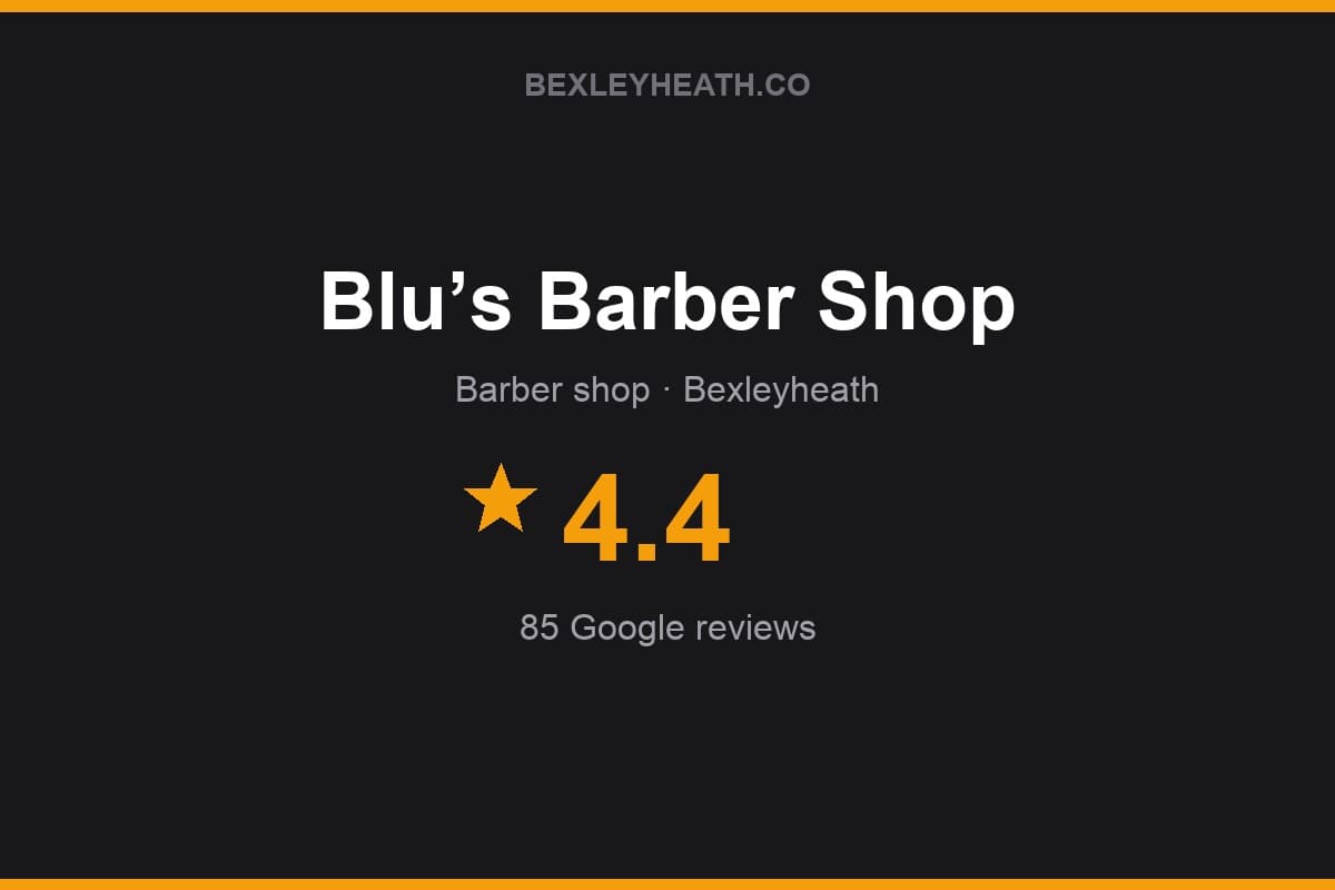 Branded Bexleyheath.co rating card for Blu’s Barber Shop: 4.4 stars, 85 Google reviews