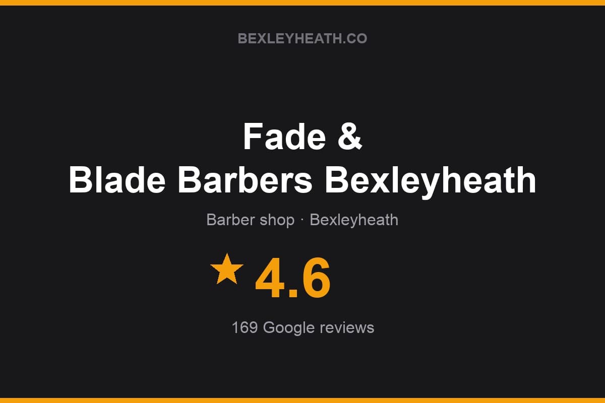 Branded Bexleyheath.co rating card for Fade & Blade Barbers Bexleyheath: 4.6 stars, 169 Google reviews