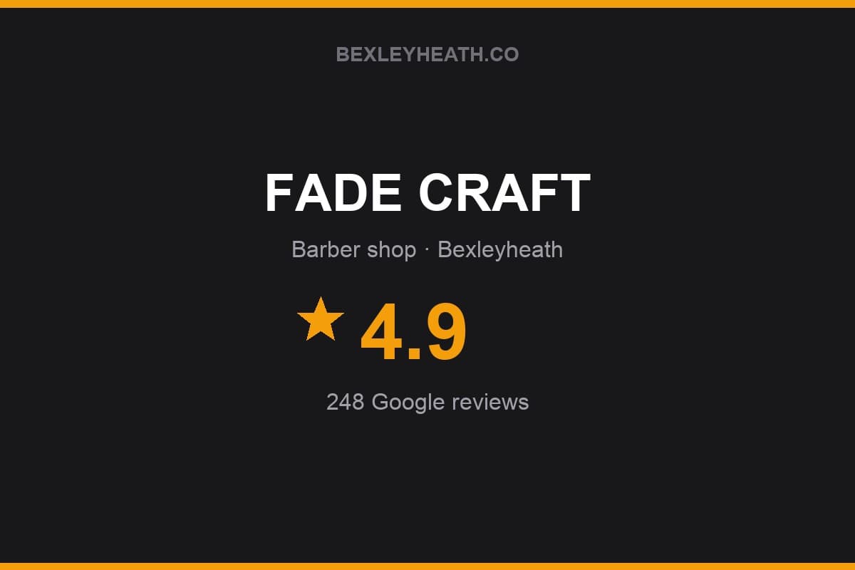 Branded Bexleyheath.co rating card for FADE CRAFT: 4.9 stars, 248 Google reviews