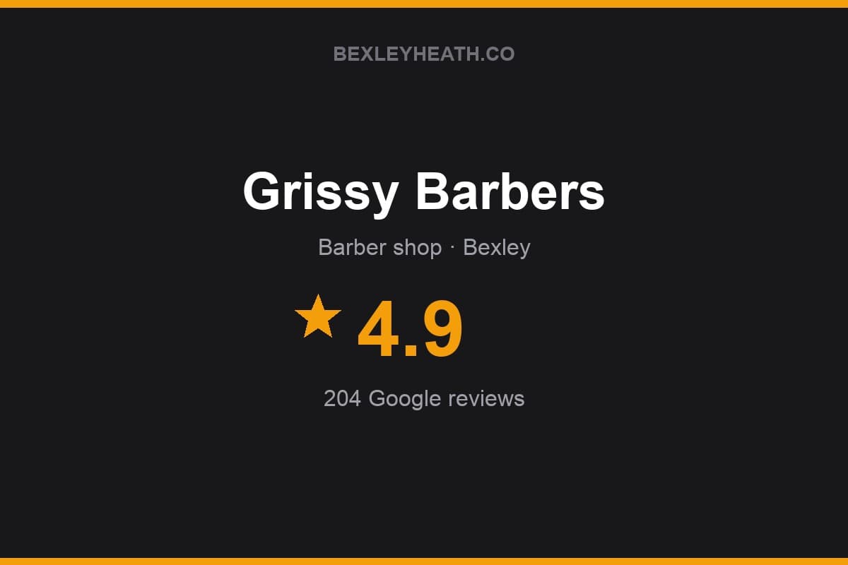 Branded Bexleyheath.co rating card for Grissy Barbers: 4.9 stars, 204 Google reviews