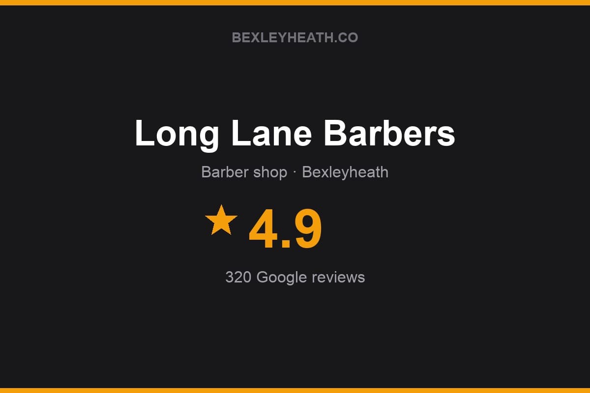 Branded Bexleyheath.co rating card for Long Lane Barbers: 4.9 stars, 320 Google reviews