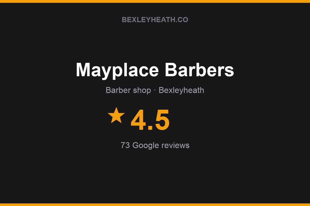 Branded Bexleyheath.co rating card for Mayplace Barbers: 4.5 stars, 73 Google reviews