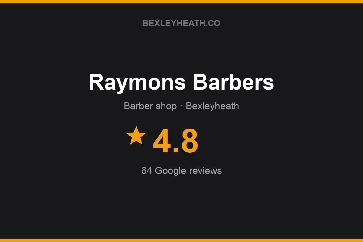 Branded Bexleyheath.co rating card for Raymons Barbers: 4.8 stars, 64 Google reviews
