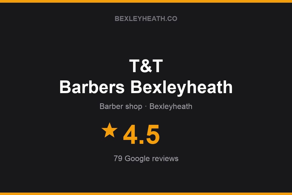 Branded Bexleyheath.co rating card for T&T Barbers Bexleyheath: 4.5 stars, 79 Google reviews