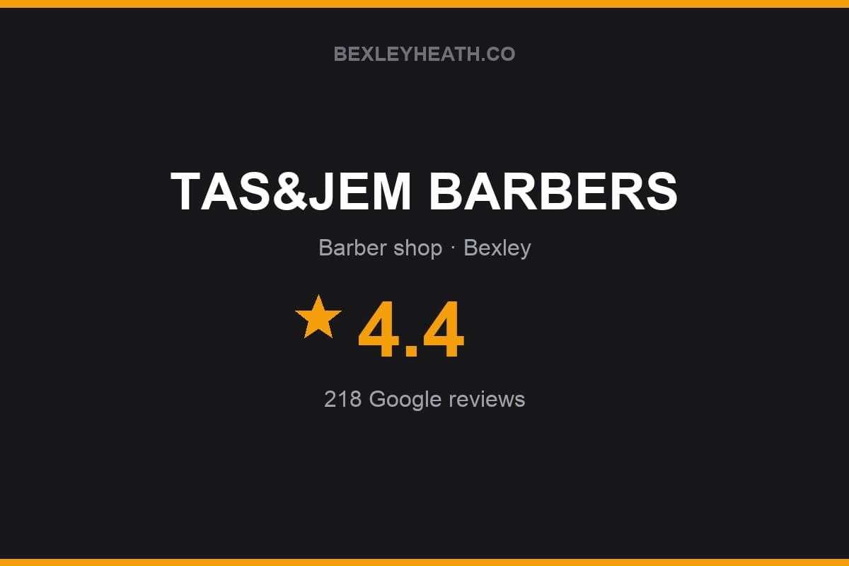 Branded Bexleyheath.co rating card for TAS&JEM BARBERS: 4.4 stars, 218 Google reviews