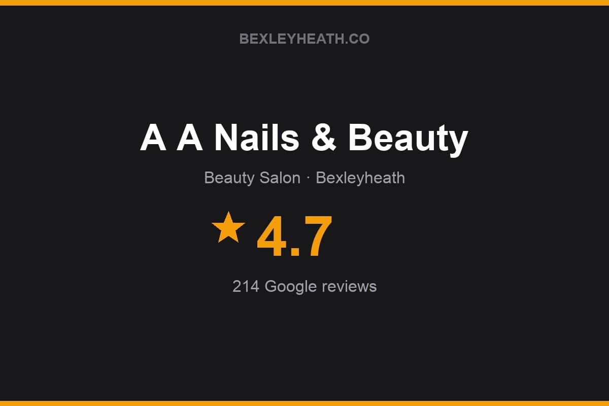 Branded Bexleyheath.co rating card for A A Nails & Beauty: 4.7 stars, 214 Google reviews