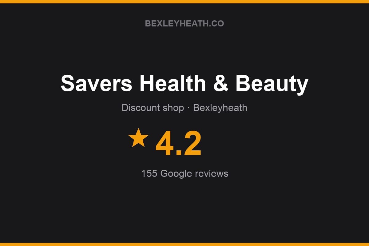 Branded Bexleyheath.co rating card for Savers Health & Beauty: 4.2 stars, 155 Google reviews