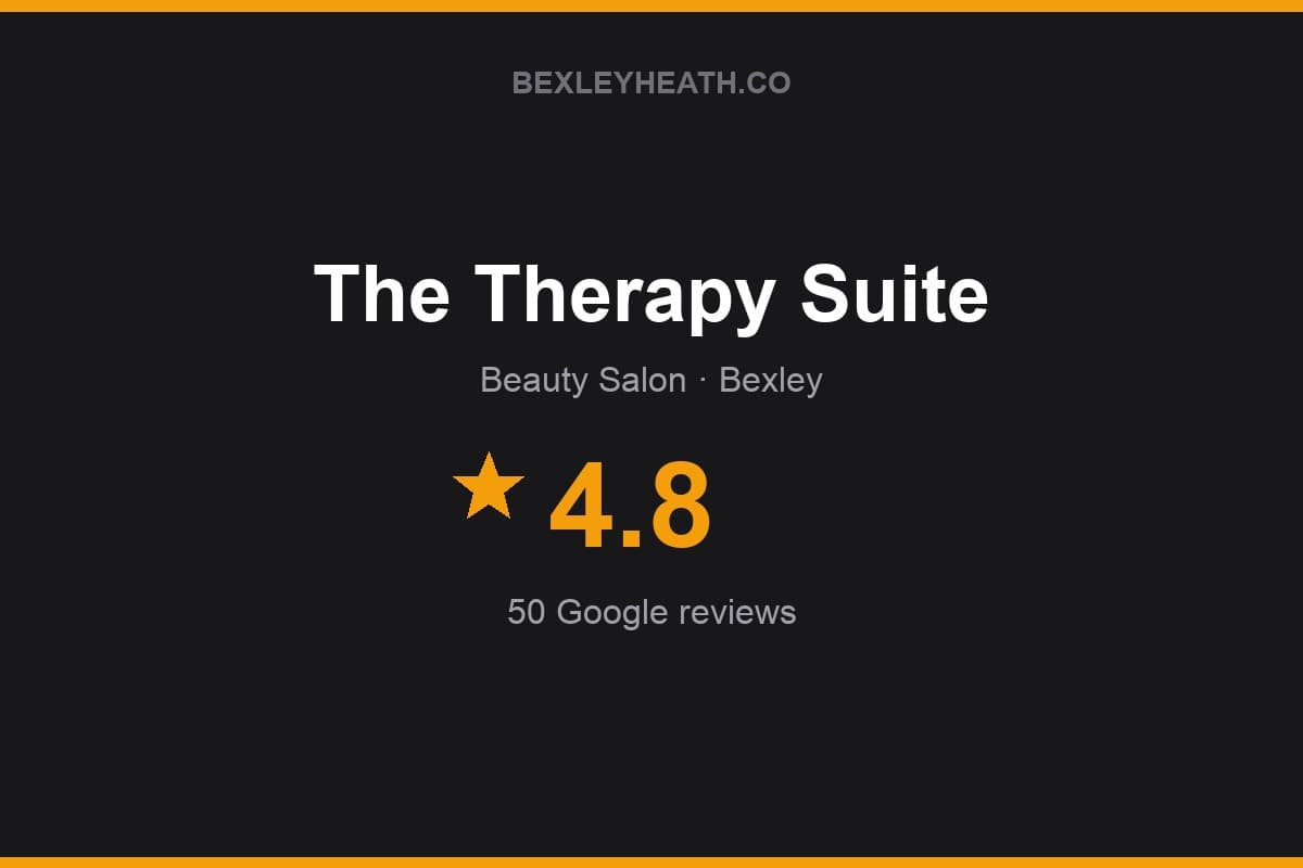 Branded Bexleyheath.co rating card for The Therapy Suite: 4.8 stars, 50 Google reviews