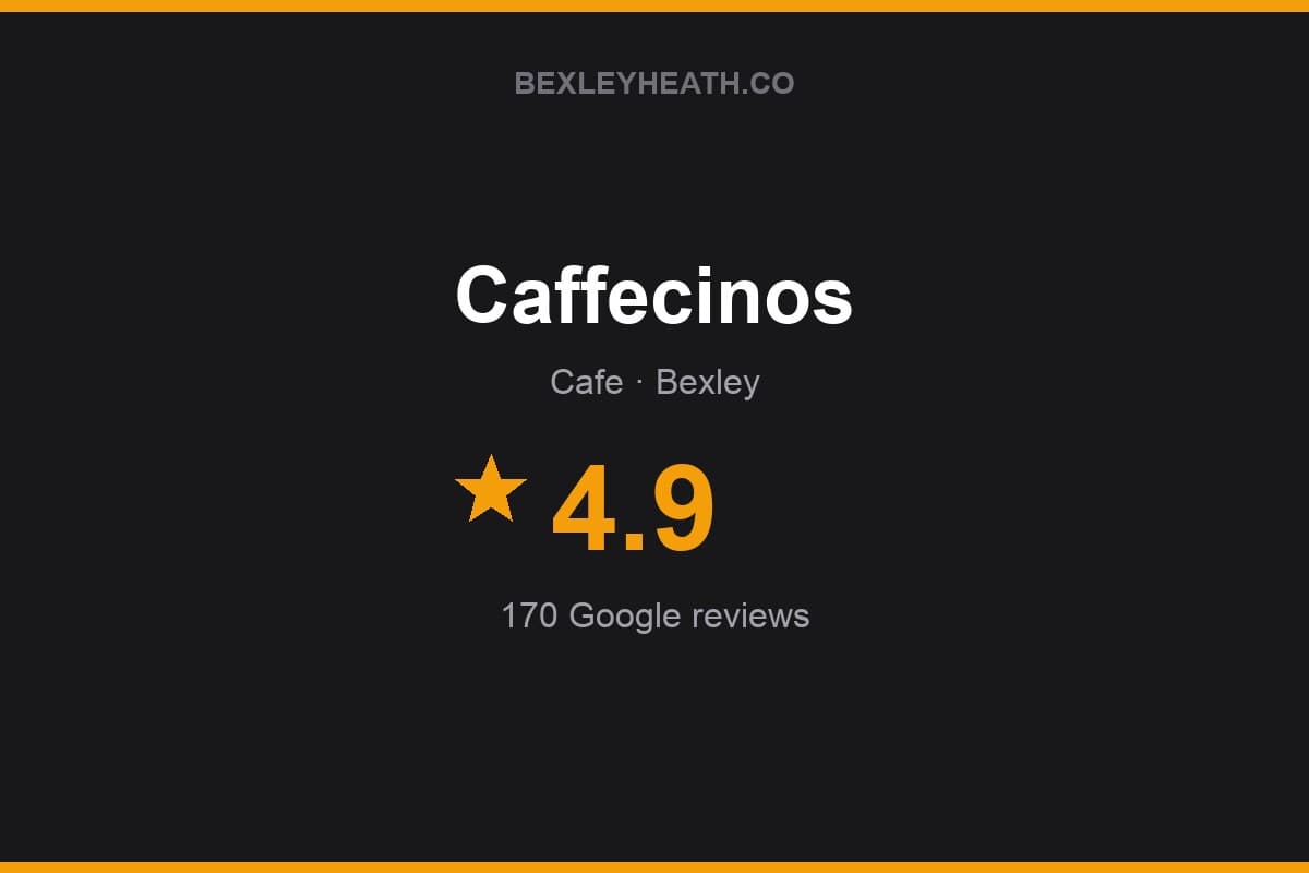 Branded Bexleyheath.co rating card for Caffecinos: 4.9 stars, 170 Google reviews