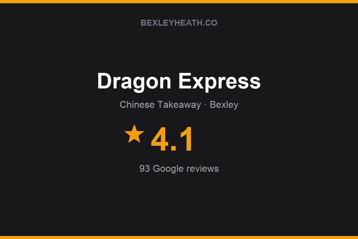 Branded Bexleyheath.co rating card for Dragon Express: 4.1 stars, 93 Google reviews