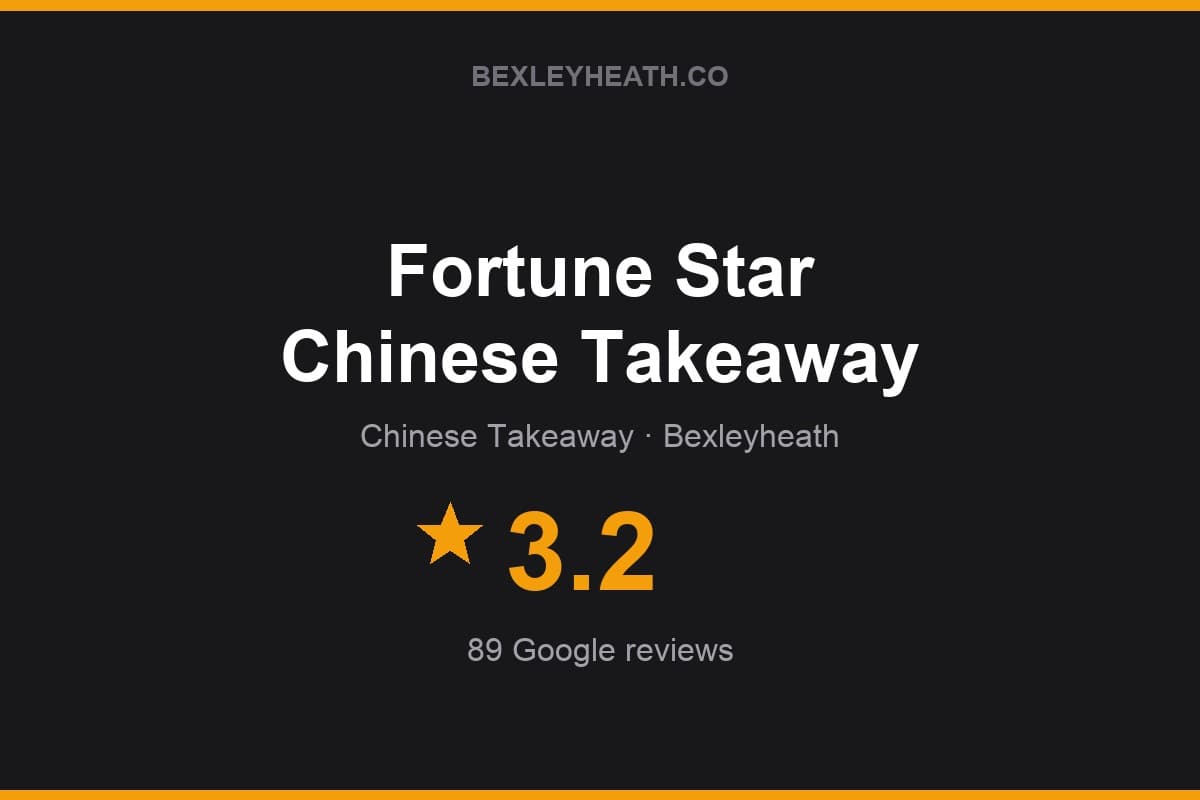 Branded Bexleyheath.co rating card for Fortune Star Chinese Takeaway: 3.2 stars, 89 Google reviews