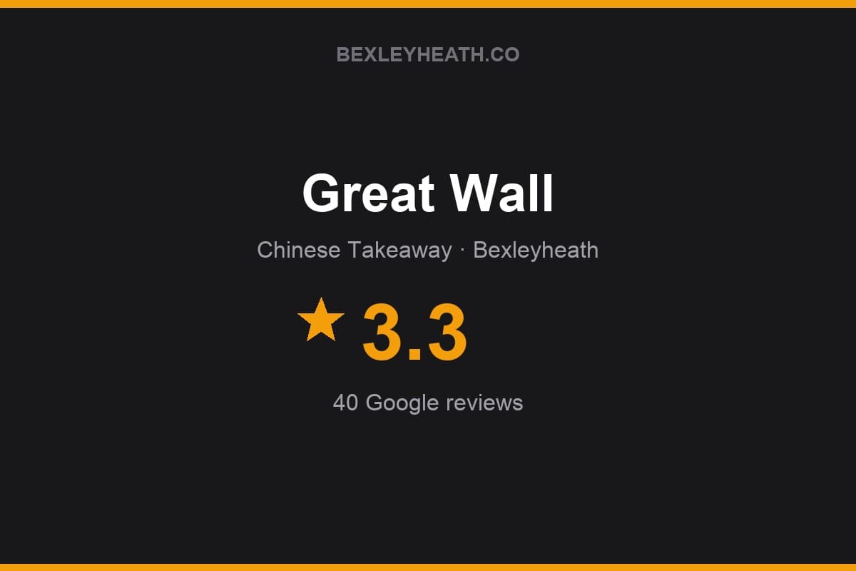 Branded Bexleyheath.co rating card for Great Wall: 3.3 stars, 40 Google reviews
