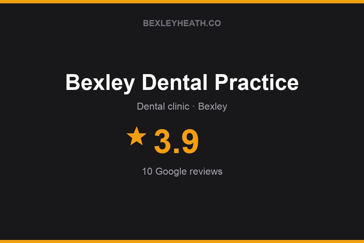 Branded Bexleyheath.co rating card for Bexley Dental Practice: 3.9 stars, 10 Google reviews