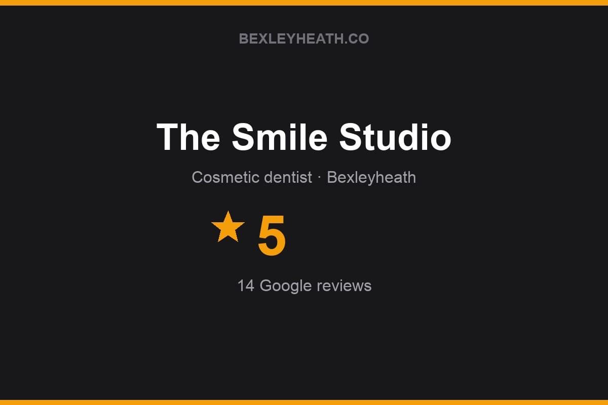 Branded Bexleyheath.co rating card for The Smile Studio: 5 stars, 14 Google reviews