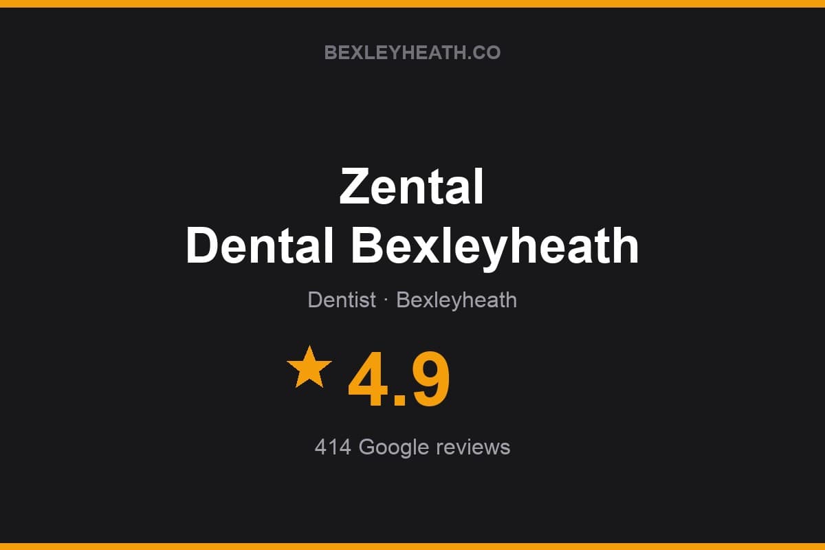 Branded Bexleyheath.co rating card for Zental Dental Bexleyheath: 4.9 stars, 414 Google reviews