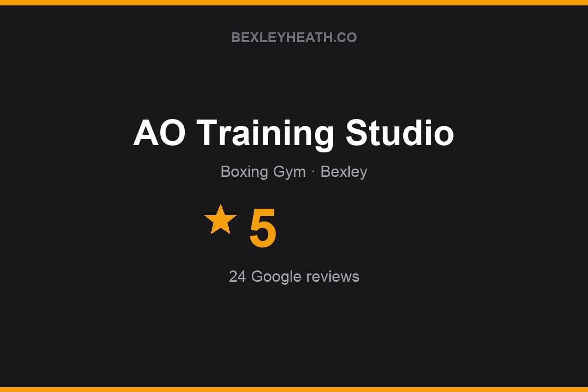 Branded Bexleyheath.co rating card for AO Training Studio: 5 stars, 24 Google reviews