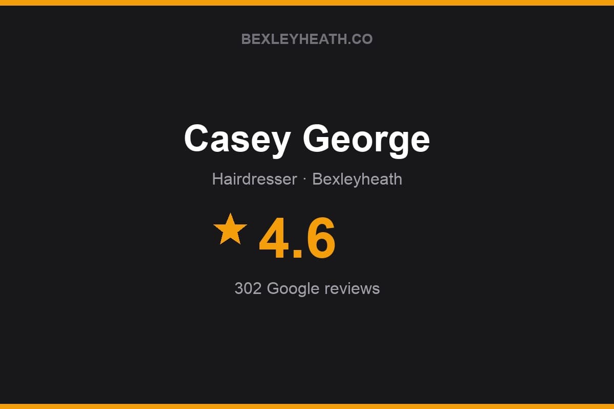 Branded Bexleyheath.co rating card for Casey George: 4.6 stars, 302 Google reviews