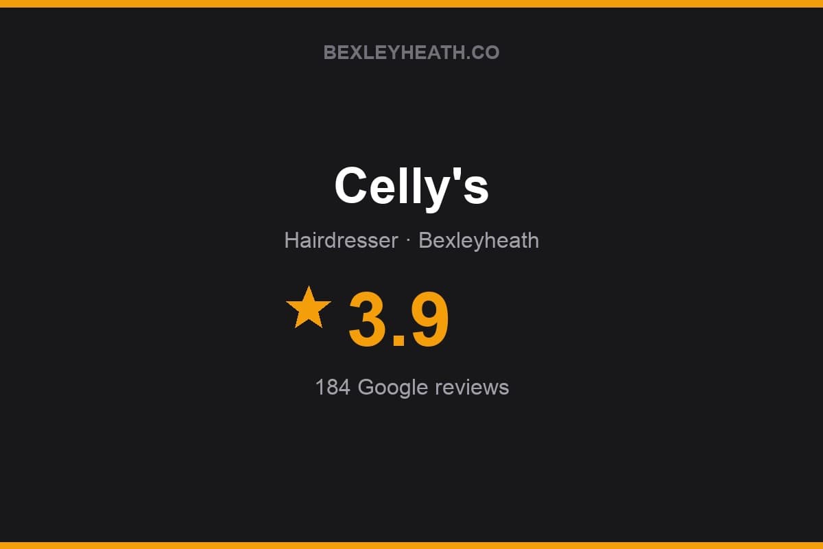 Branded Bexleyheath.co rating card for Celly's: 3.9 stars, 184 Google reviews