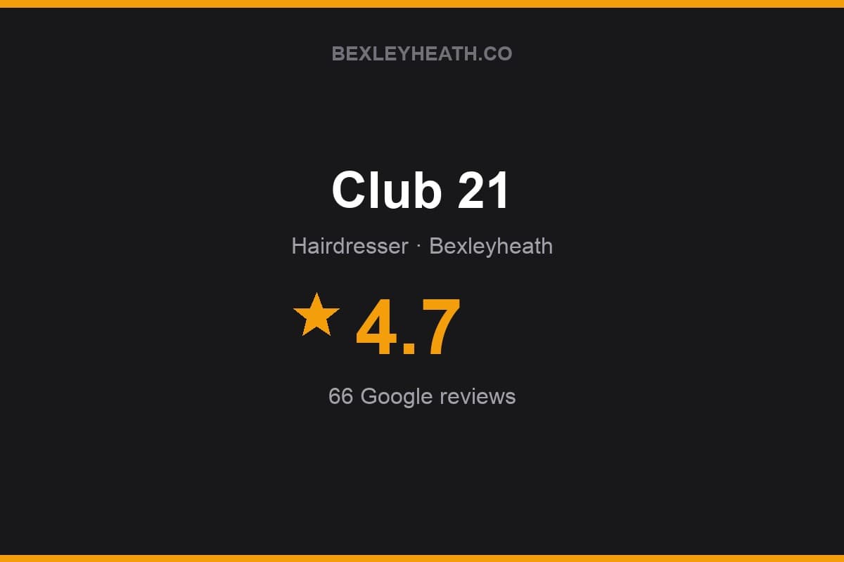 Branded Bexleyheath.co rating card for Club 21: 4.7 stars, 66 Google reviews