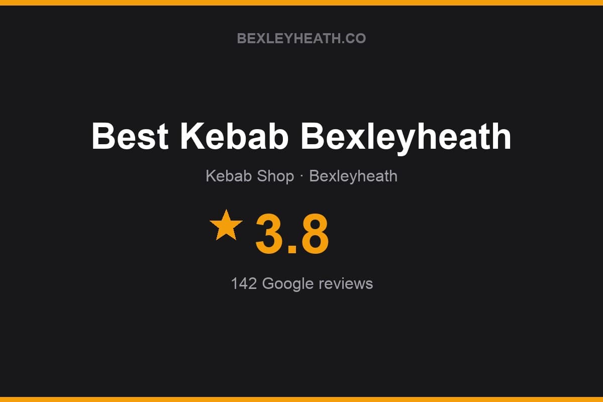 Branded Bexleyheath.co rating card for Best Kebab Bexleyheath: 3.8 stars, 142 Google reviews