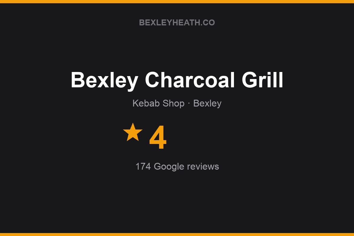 Branded Bexleyheath.co rating card for Bexley Charcoal Grill: 4 stars, 174 Google reviews