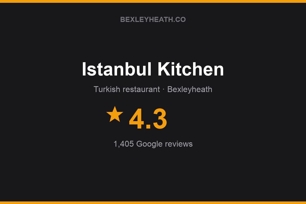 Branded Bexleyheath.co rating card for Istanbul Kitchen: 4.3 stars, 1,405 Google reviews