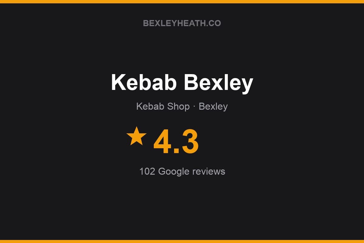 Branded Bexleyheath.co rating card for Kebab Bexley: 4.3 stars, 102 Google reviews