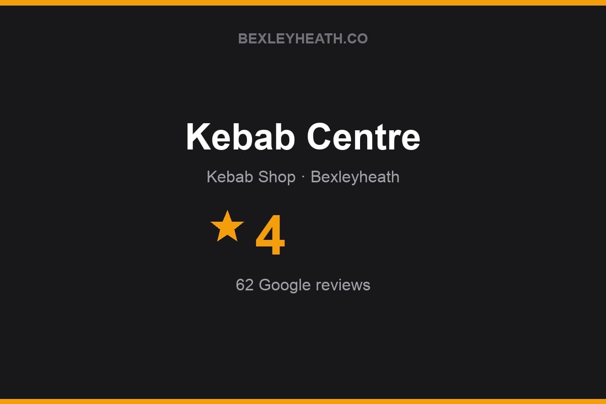 Branded Bexleyheath.co rating card for Kebab Centre: 4 stars, 62 Google reviews