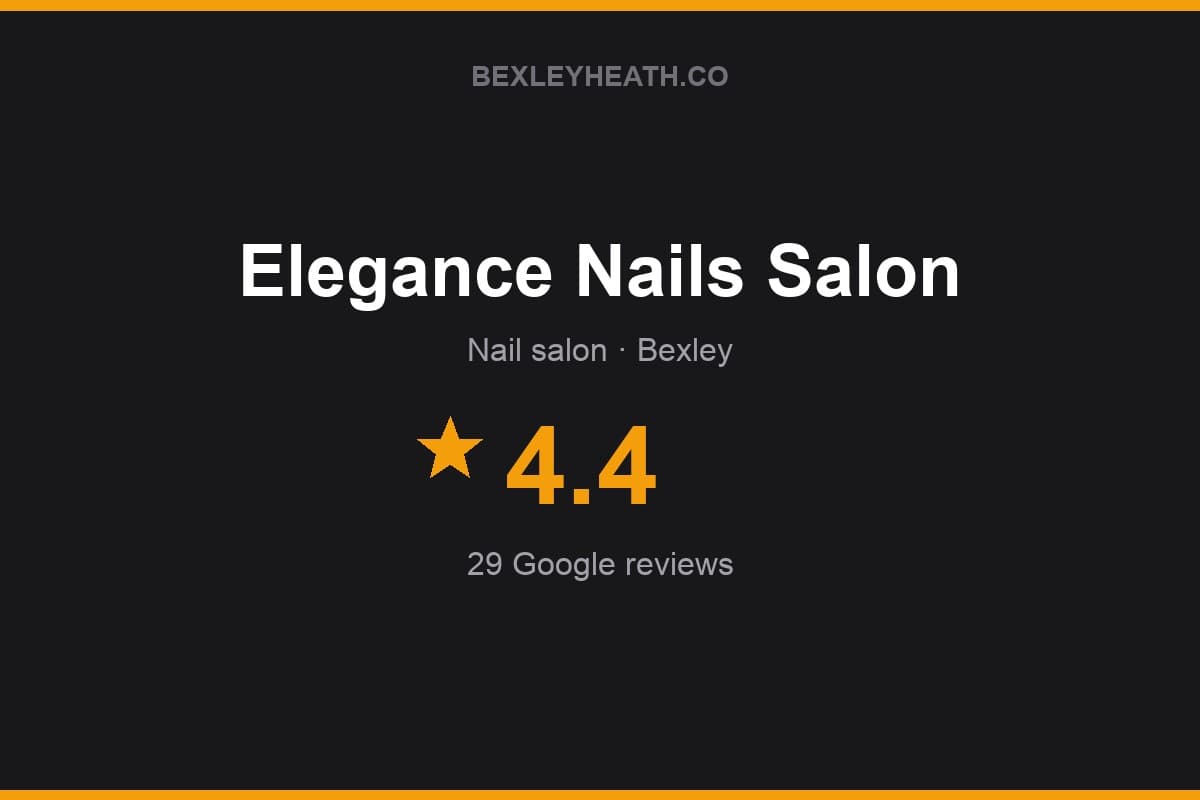 Branded Bexleyheath.co rating card for Elegance Nails Salon: 4.4 stars, 29 Google reviews