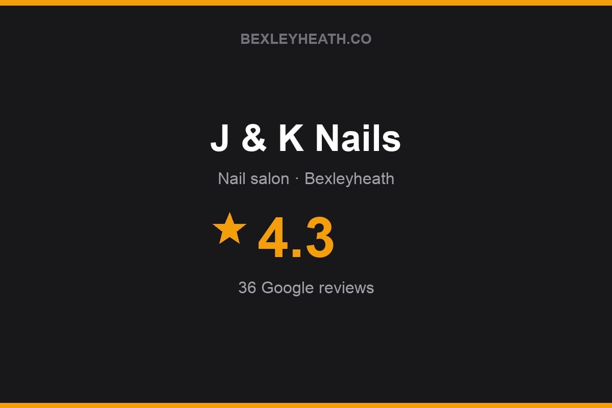 Branded Bexleyheath.co rating card for J & K Nails: 4.3 stars, 36 Google reviews