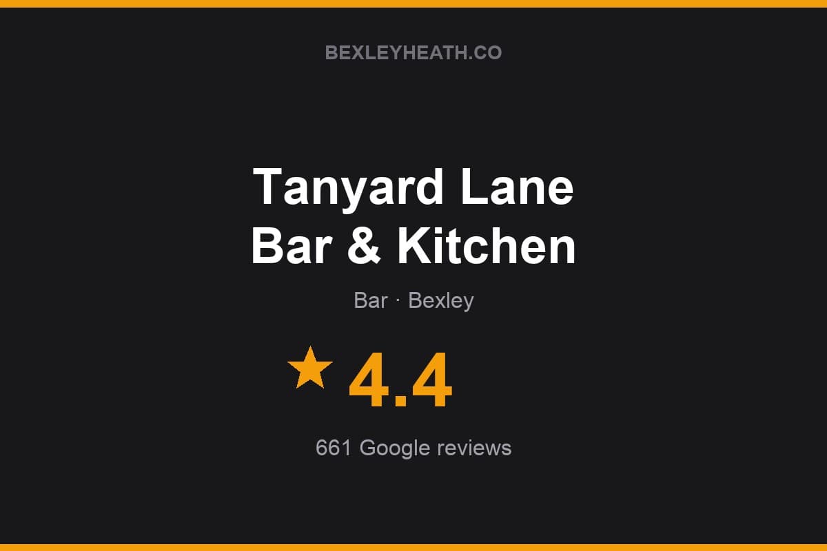 Branded Bexleyheath.co rating card for Tanyard Lane Bar & Kitchen: 4.4 stars, 661 Google reviews