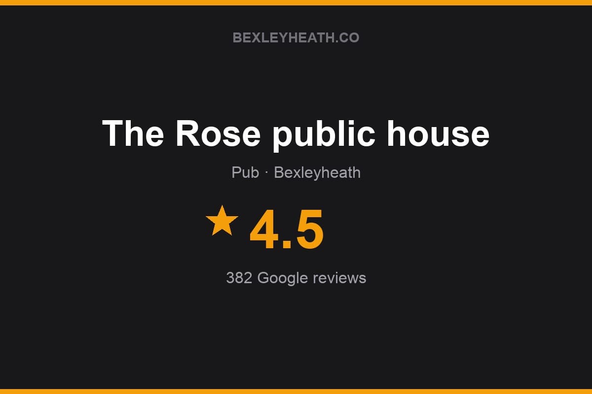 Branded Bexleyheath.co rating card for The Rose public house: 4.5 stars, 382 Google reviews