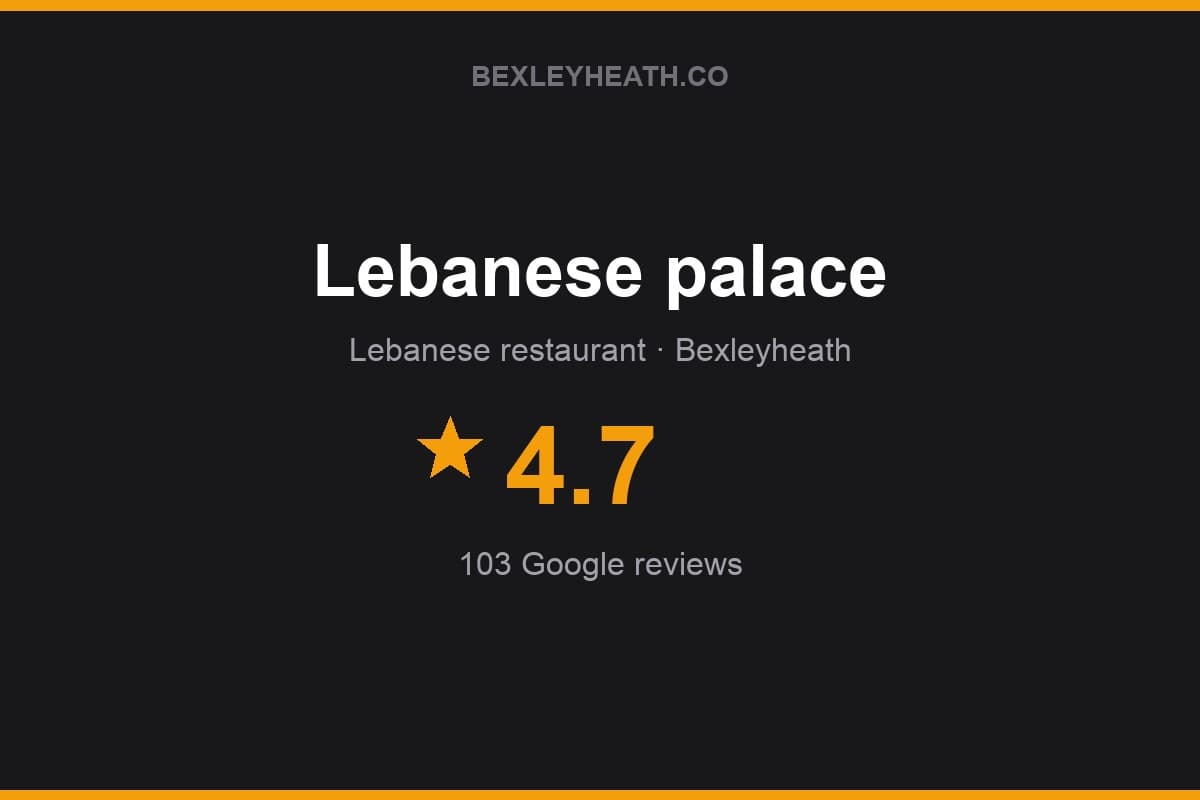 Branded Bexleyheath.co rating card for Lebanese palace: 4.7 stars, 103 Google reviews
