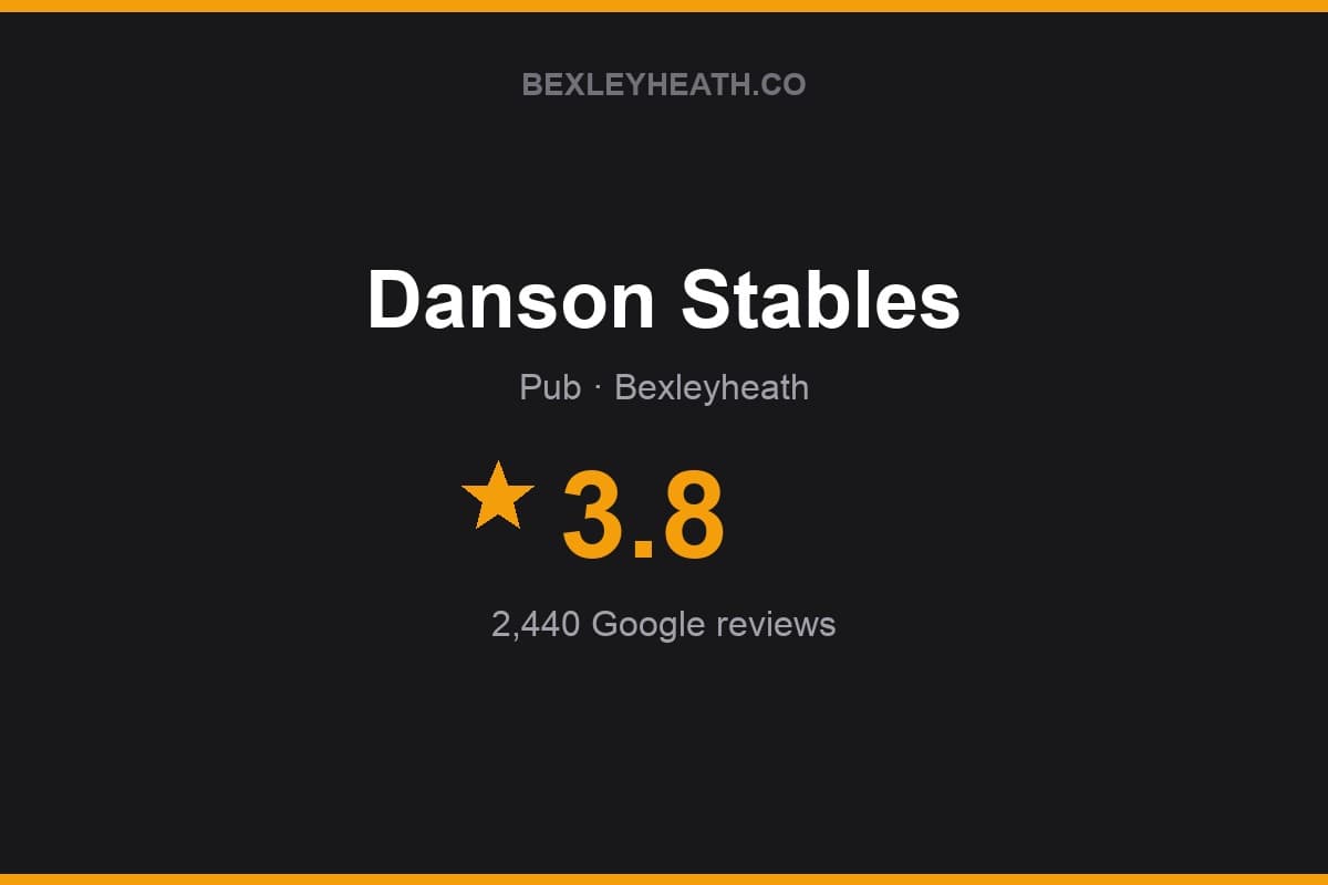Branded Bexleyheath.co rating card for Danson Stables: 3.8 stars, 2,440 Google reviews